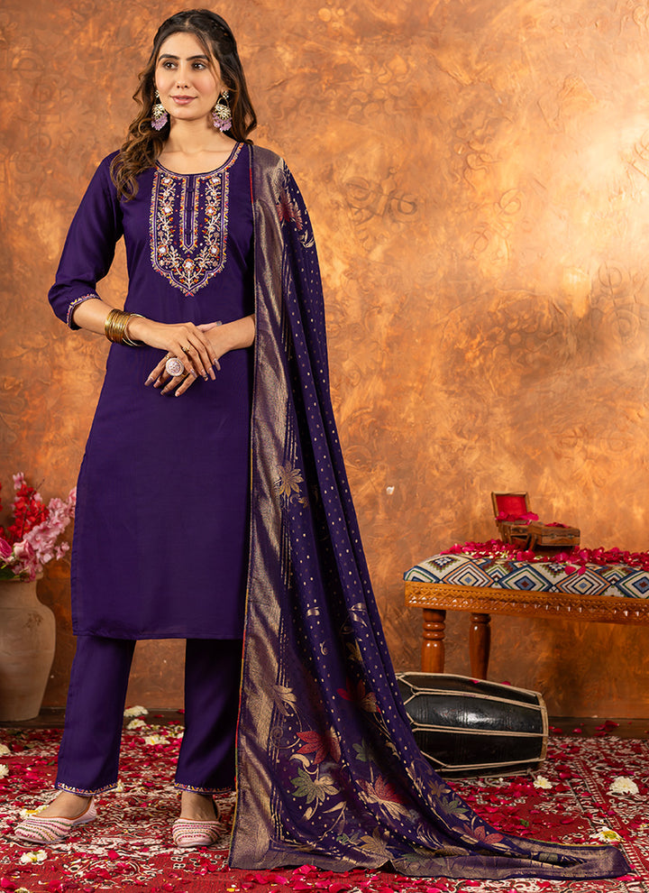 Purple Marina Silk Embroidered Kurta Set