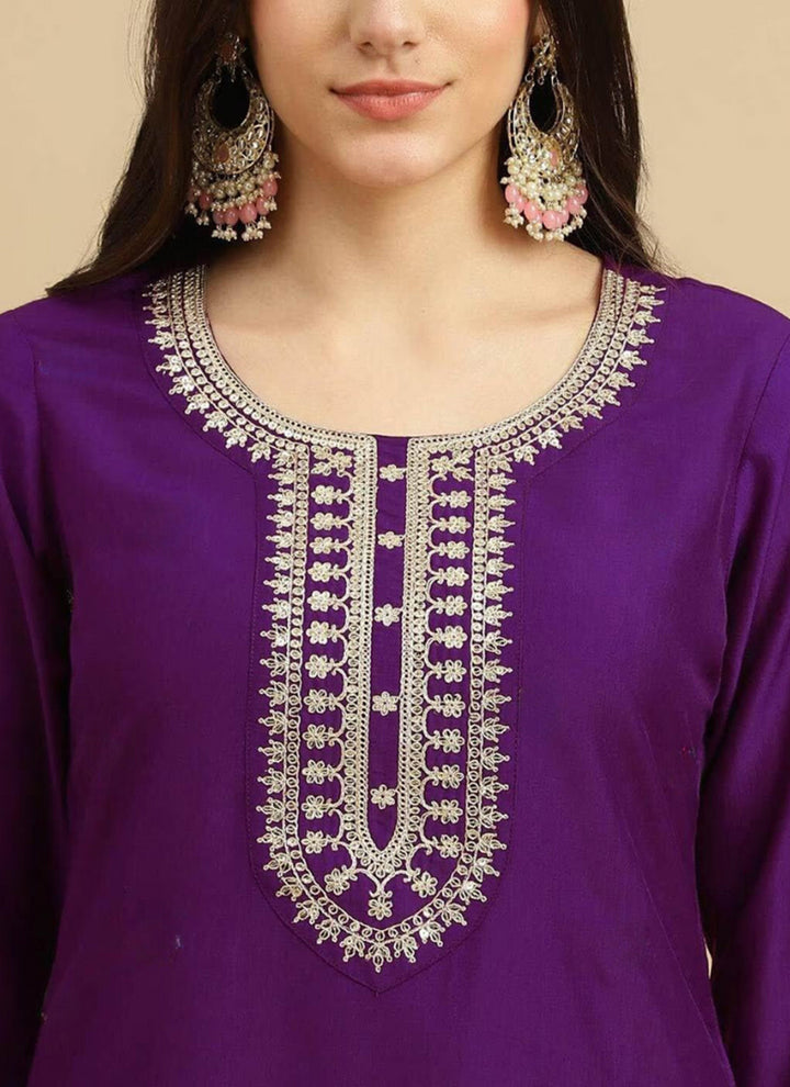 Purple Rayon Embroidered Straight Kurta Set