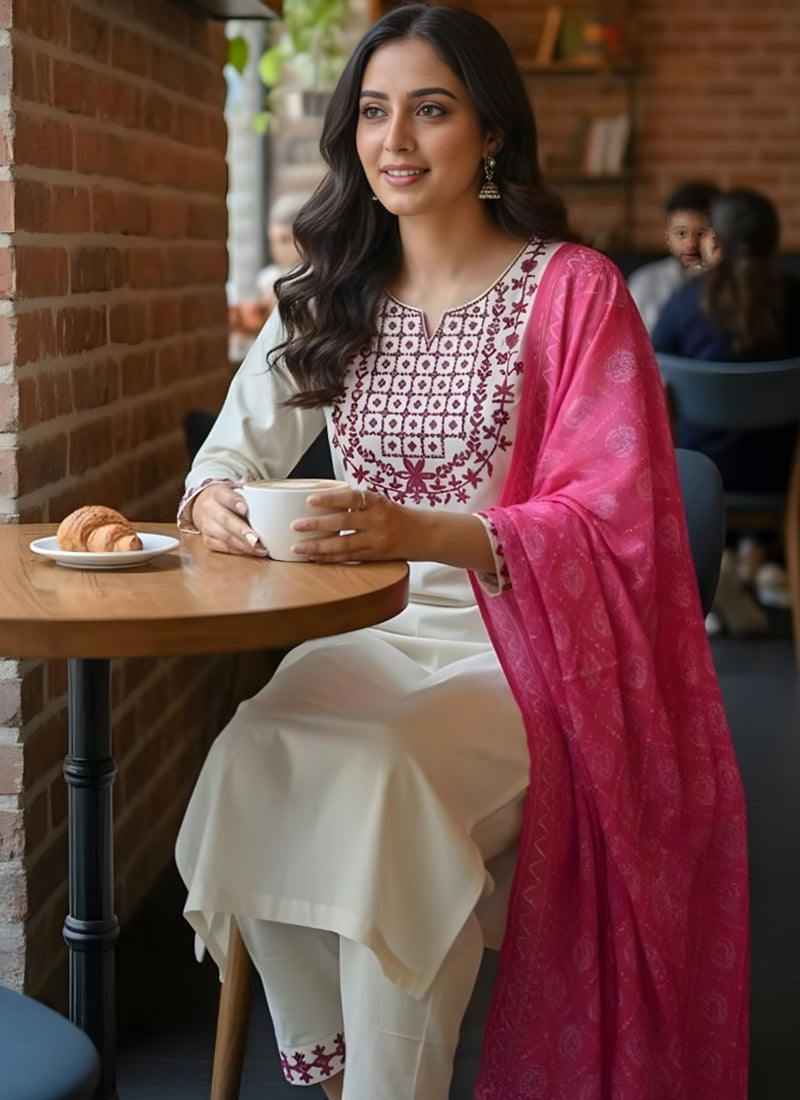 White Rayon Embroidered Straight Kurta Set