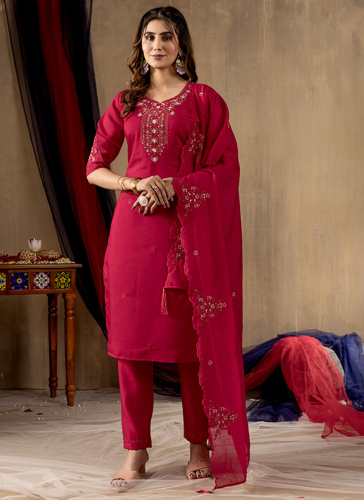 Rani Pink Roman Silk Thread Embroidered Kurta Set