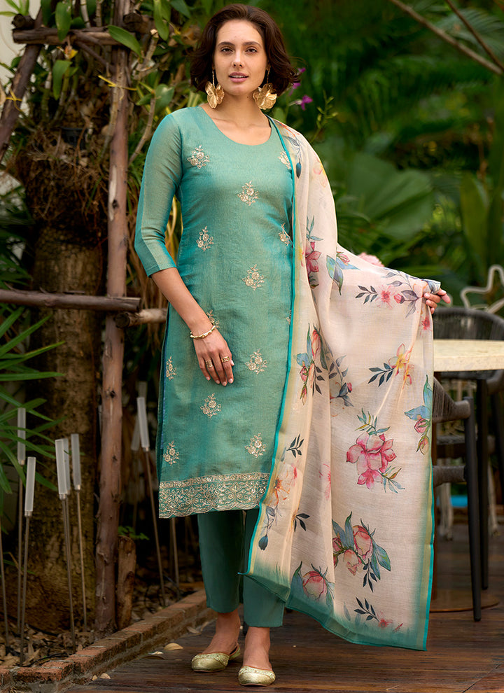 Sea Green Tissue Kurta With Trouser And Dupatta
