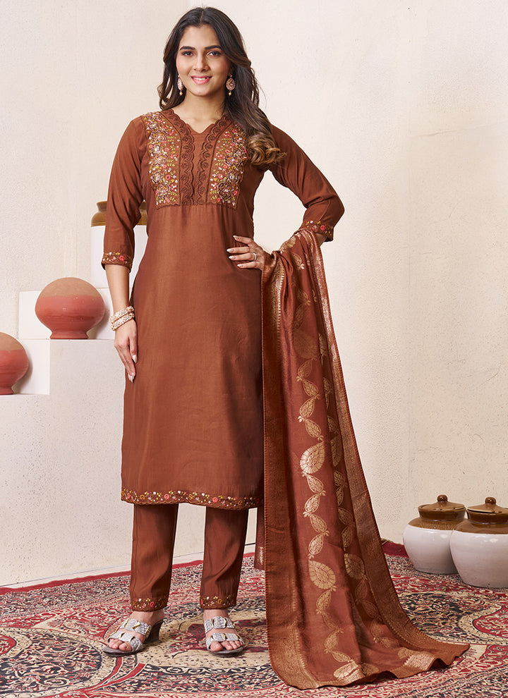Brown Roman Silk Embroidered Ceremonial Kurta Set