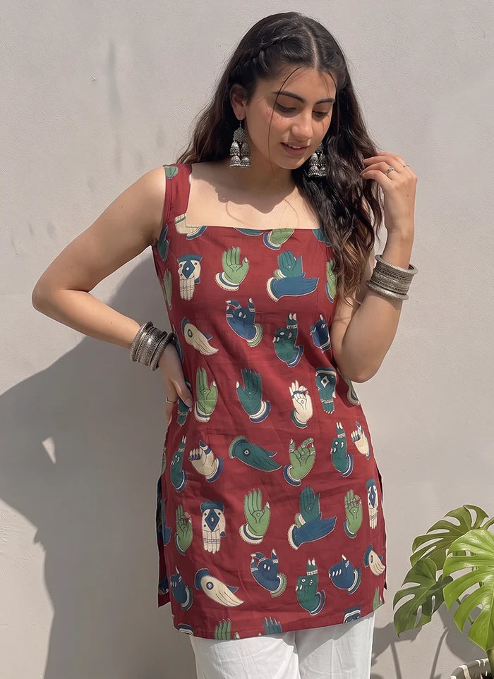 Maroon Cotton Printed Straight-Cut Kurti