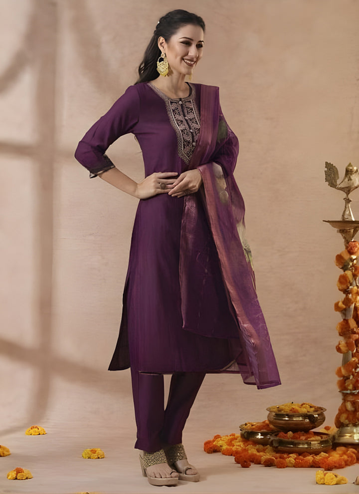Wine Embroidered Cottton Straight Kurta Set