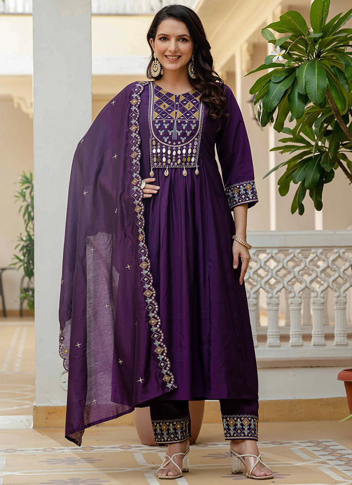 Purple Viscose Roman Silk Layered Kurta Set