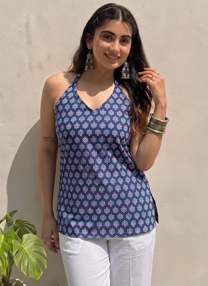 Blue Halter Neck Cotton Printed Outwear Kurti