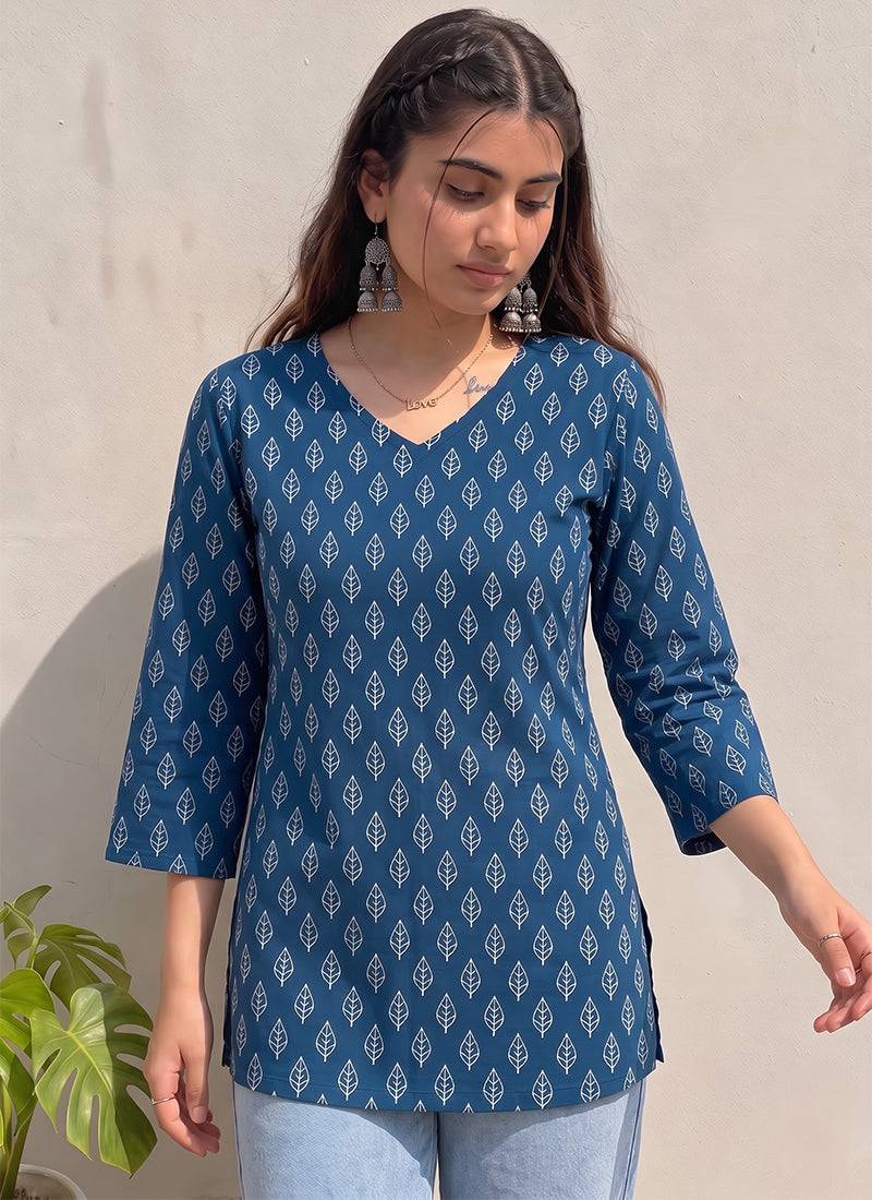 Teal Blue Cotton Floral Printed Outwear Kurti