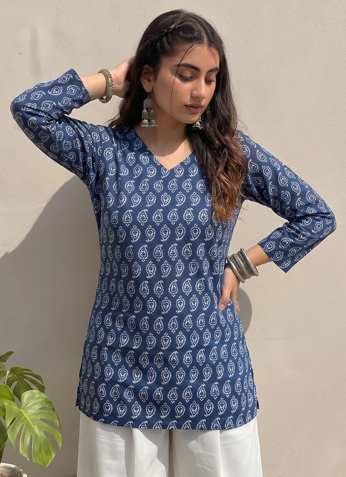Blue Cotton Printed V Neck Outwear Kurti