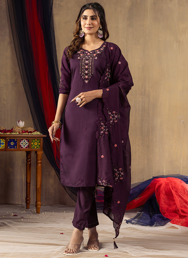 Wine Thread Embroidered Roman Silk Kurta Set