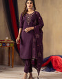 Wine Thread Embroidered Roman Silk Kurta Set