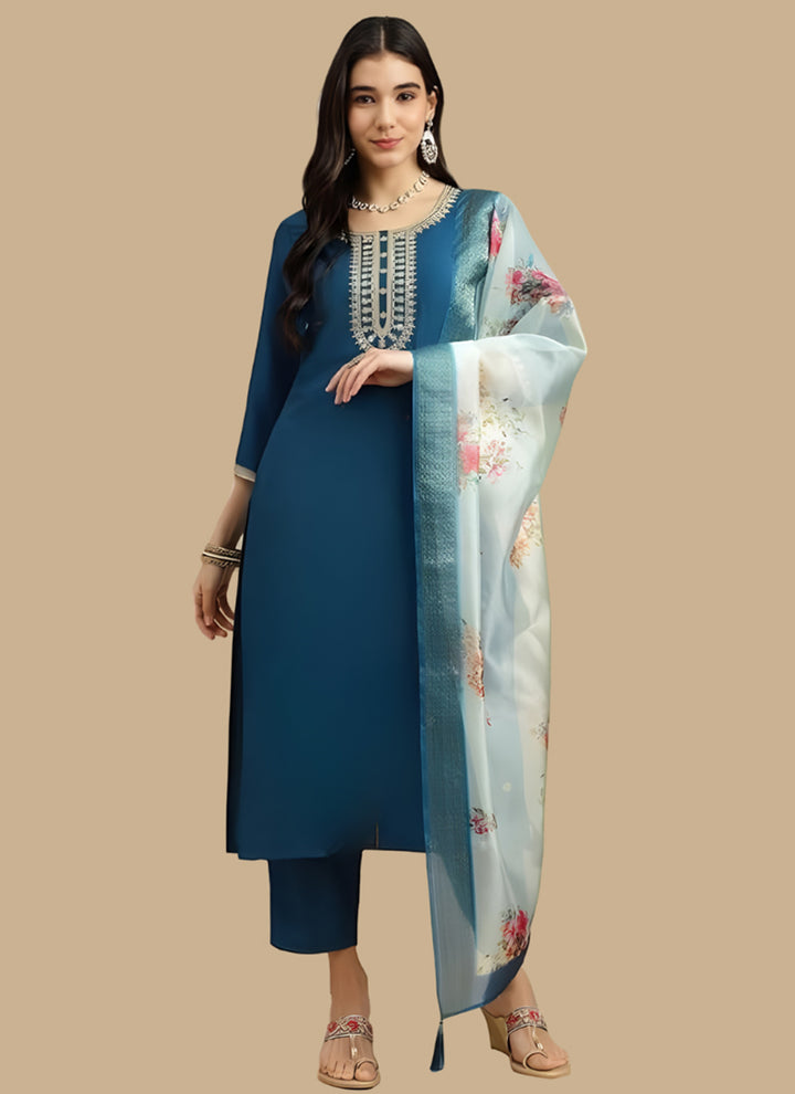 Teal Blue Rayon Embroidered Straight Kurta Set