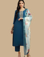 Teal Blue Rayon Embroidered Straight Kurta Set