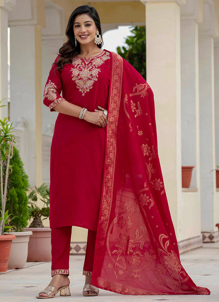 Maroon Embroidered Roman Silk Festive Kurta Set