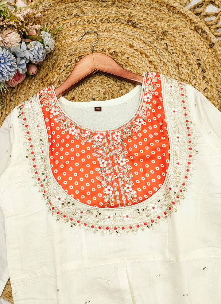 Off White And Orange Embroidered Kurta With Palazzo Pant