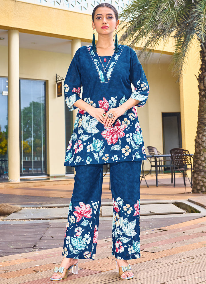 Blue Cotton Embroidered Festive Wear Cord Set