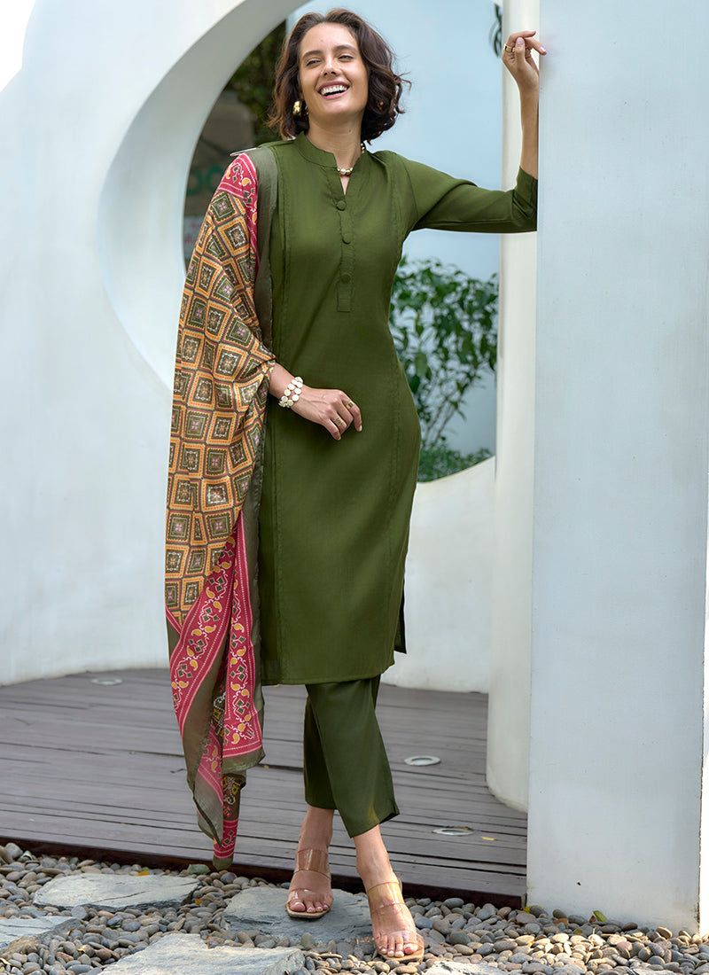 Lively Green Straight Kurta Set With Printed Dupatta