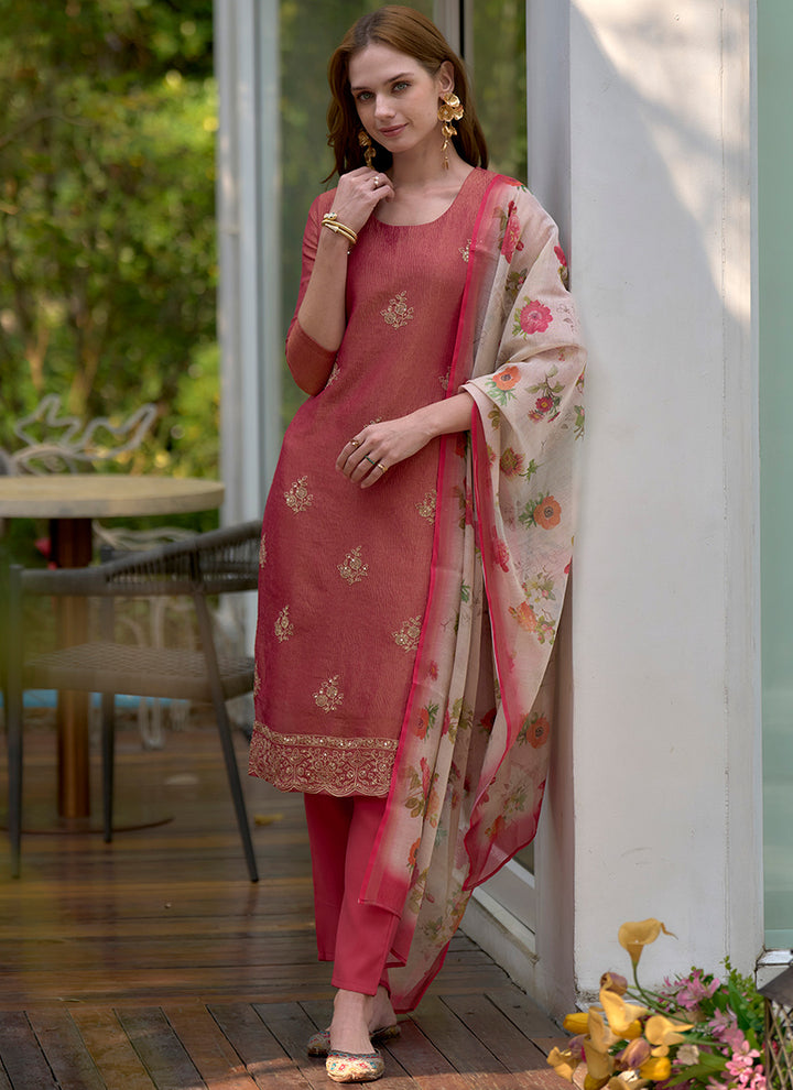 Red Tissue Kurta With Trouser And Dupatta