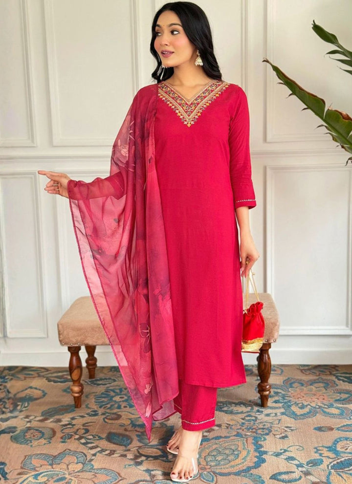 Hot Pink Embroidered Rayon Straight Kurta Set