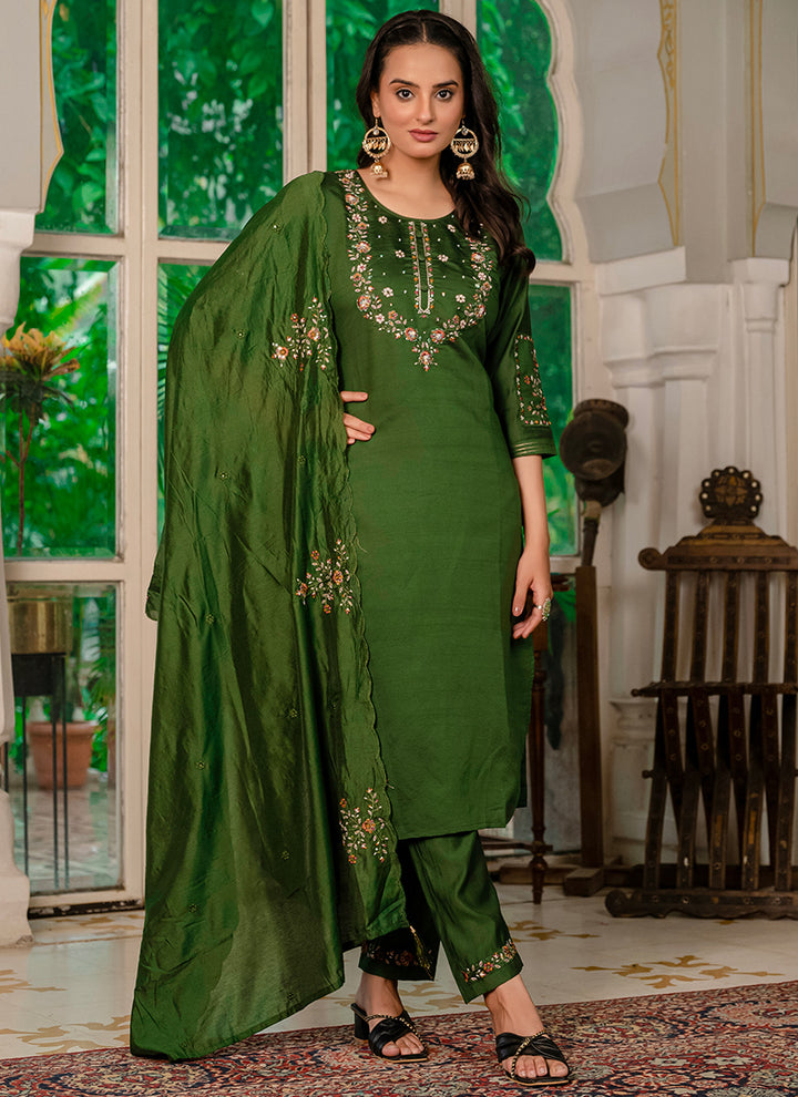 Marina Silk Green Thread Work Festive Kurta Set