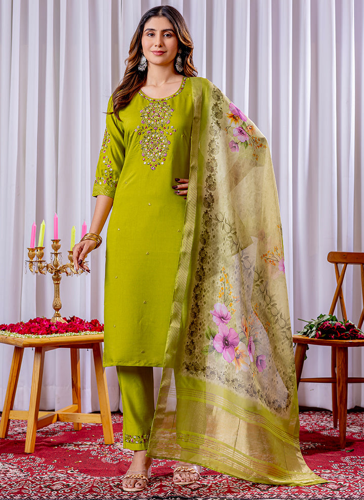 Parrot Green Viscose Silk Salwar Set For Festive