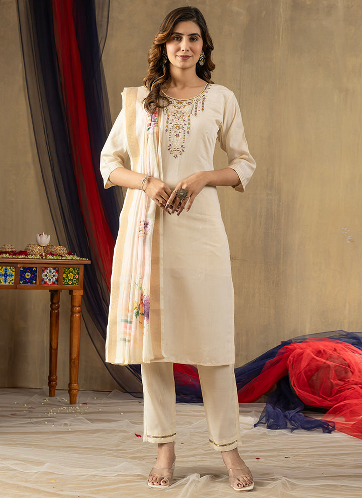 Off White Shimmer Silk Festive Wear Kurta Set