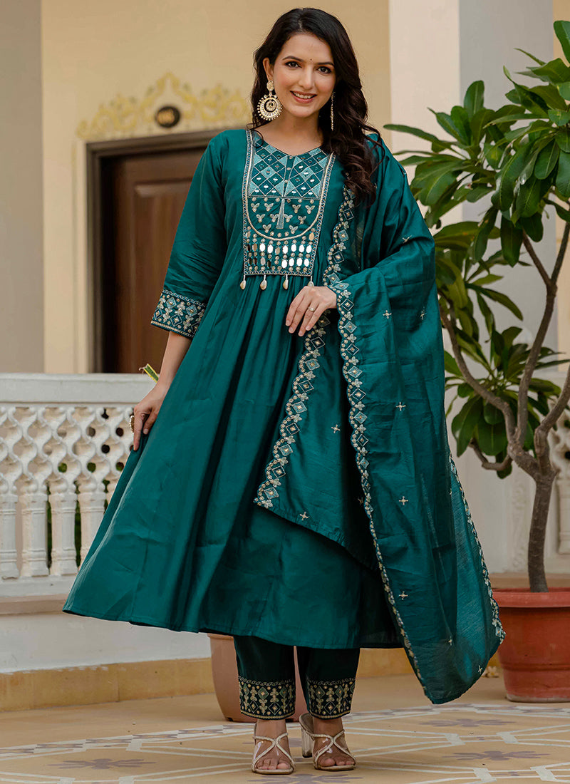 Teal Viscose Roman Silk Layered Kurta Set