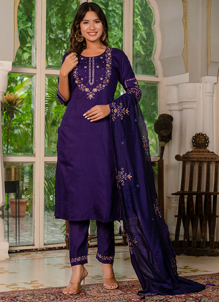 Violet Embroidered Marina Silk Festive Kurta Set