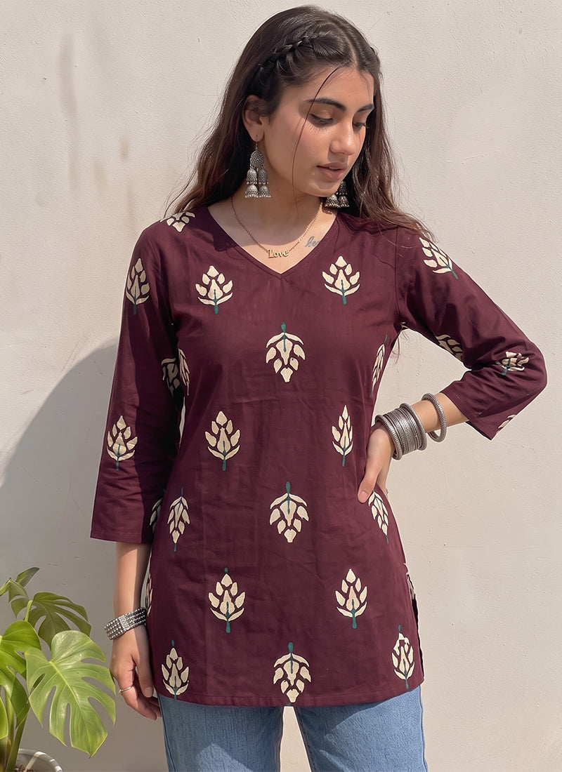 Wine Cotton Floral Printed Office Wear Kurti