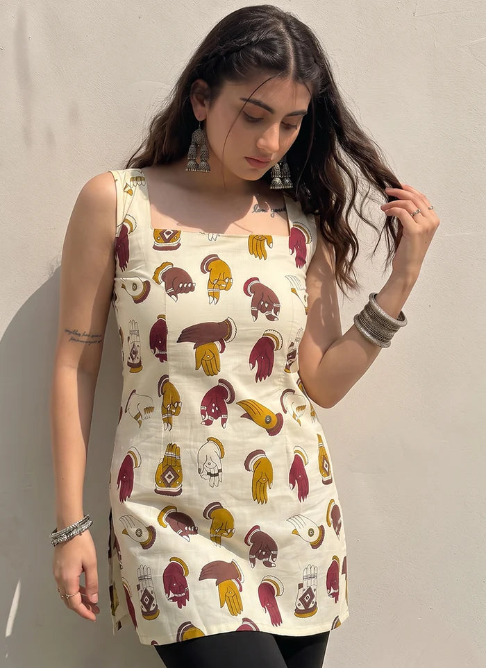 Cream Cotton Sleeveless Outwear Kurti