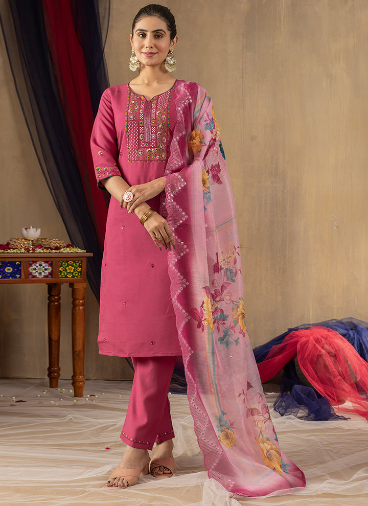 Pink Thread Work Roman Silk Salwar Set For Festive