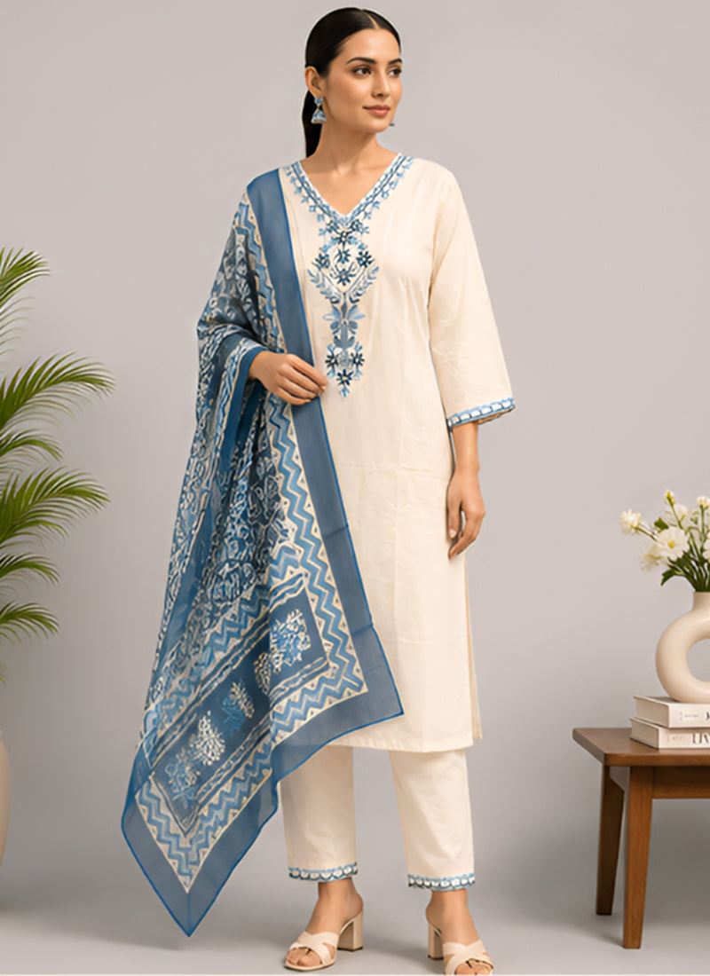 White Rayon Slub Embroidered Festive Kurta Set