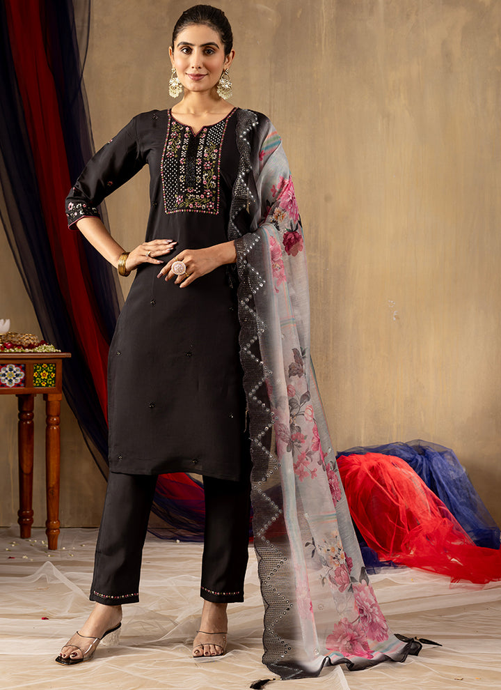 Black Roman Silk Thread Work Salwar Set For Festive