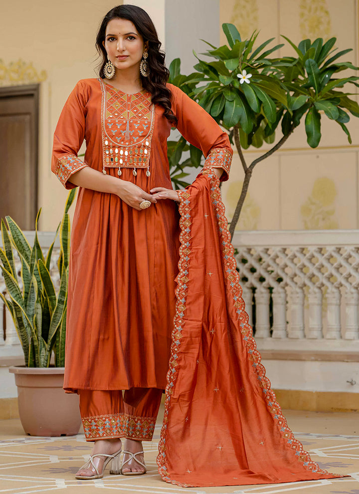 Orange Viscose Roman Silk Layered Kurta Set