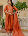 Orange Viscose Roman Silk Layered Kurta Set
