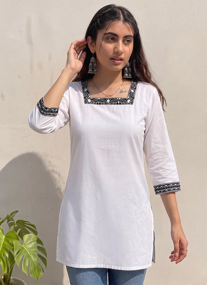 White Cotton Printed OutWear Kurti