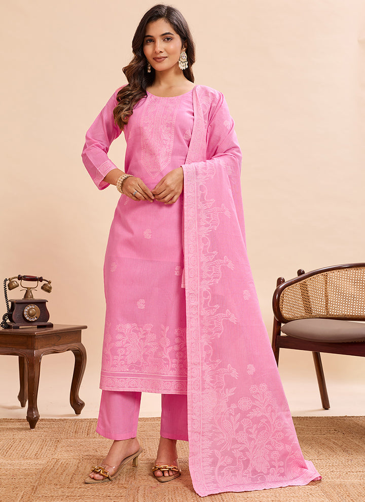 Candy Pink Pure Cotton Jacquard Kurta Set