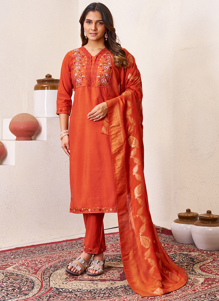 Rust Roman Silk Embroidered Festive Kurta Set