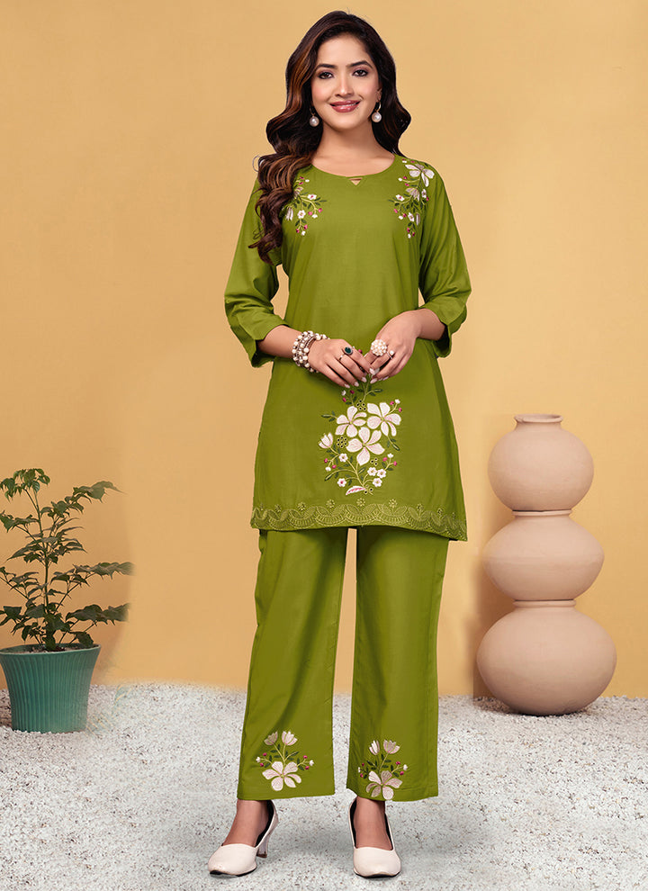 Green Viscose Rayon Embroidered Cord Set