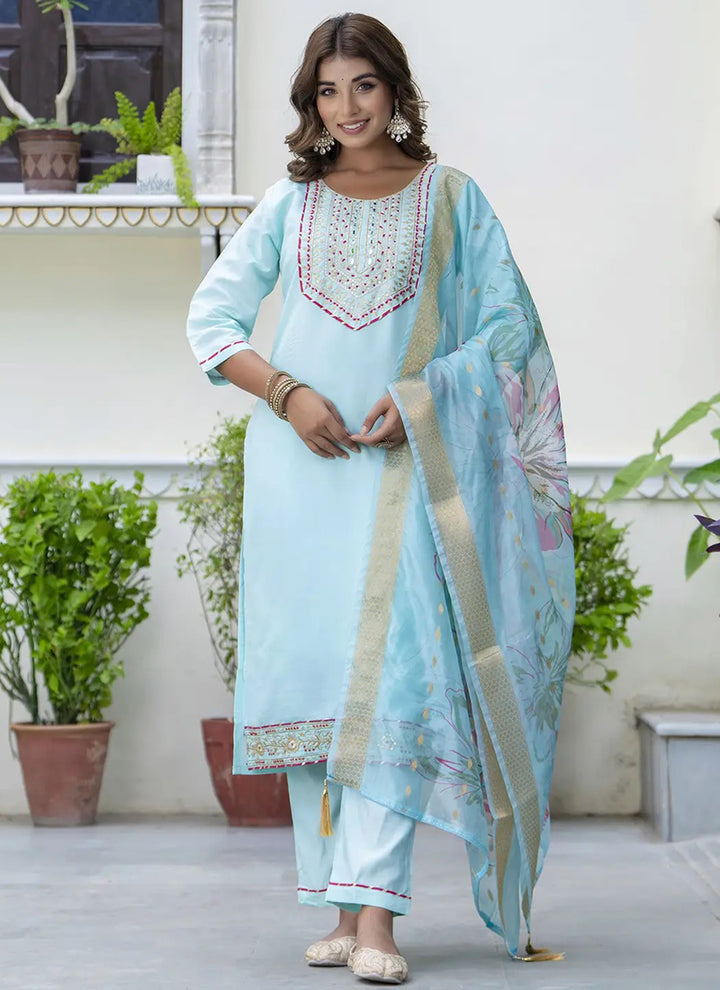 Aqua Blue Cotton Embroidered Festive Wear Kurta Set