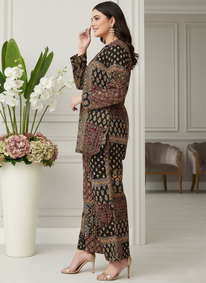 Black Soft Rayon Cotton Printed Cord Set