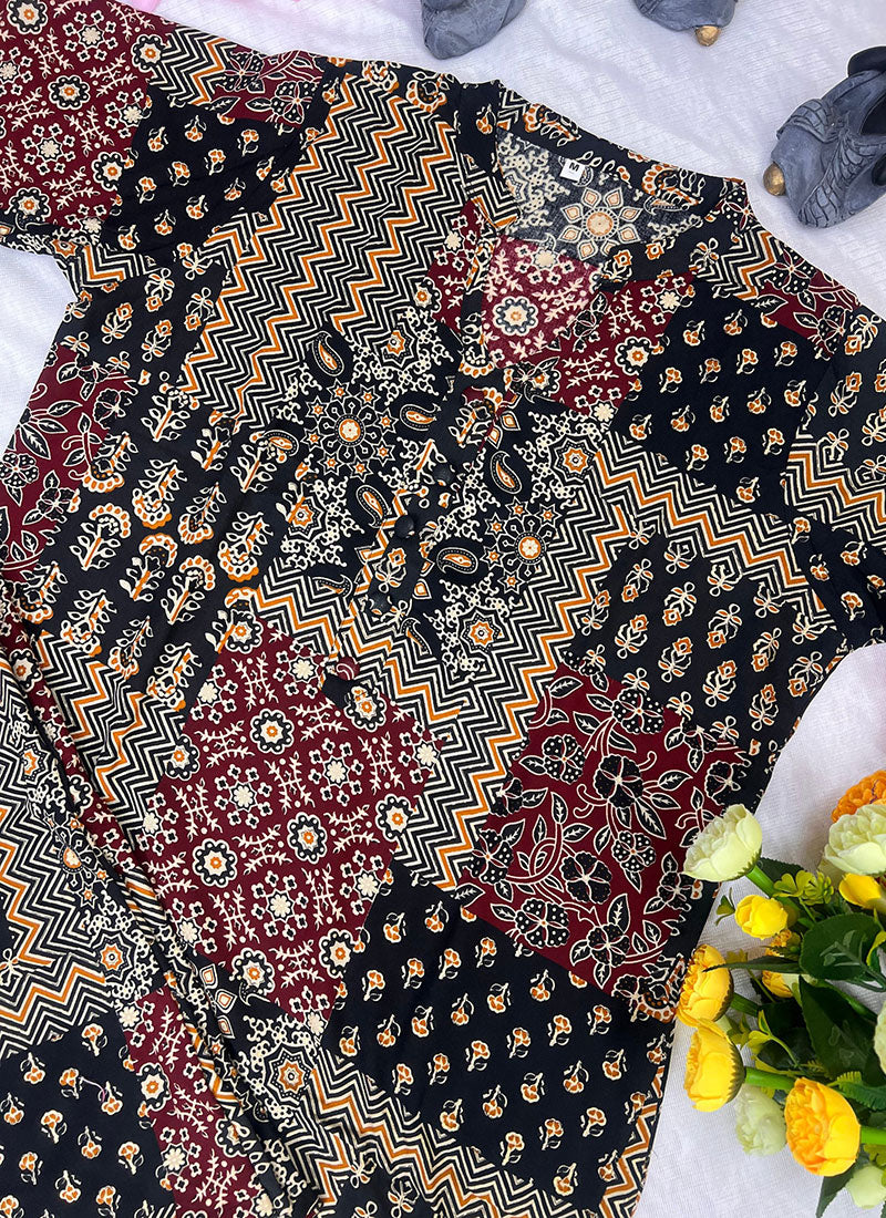 Black Soft Rayon Cotton Printed Cord Set