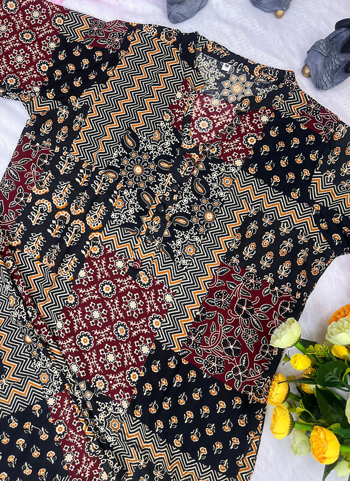 Black Soft Rayon Cotton Printed Cord Set