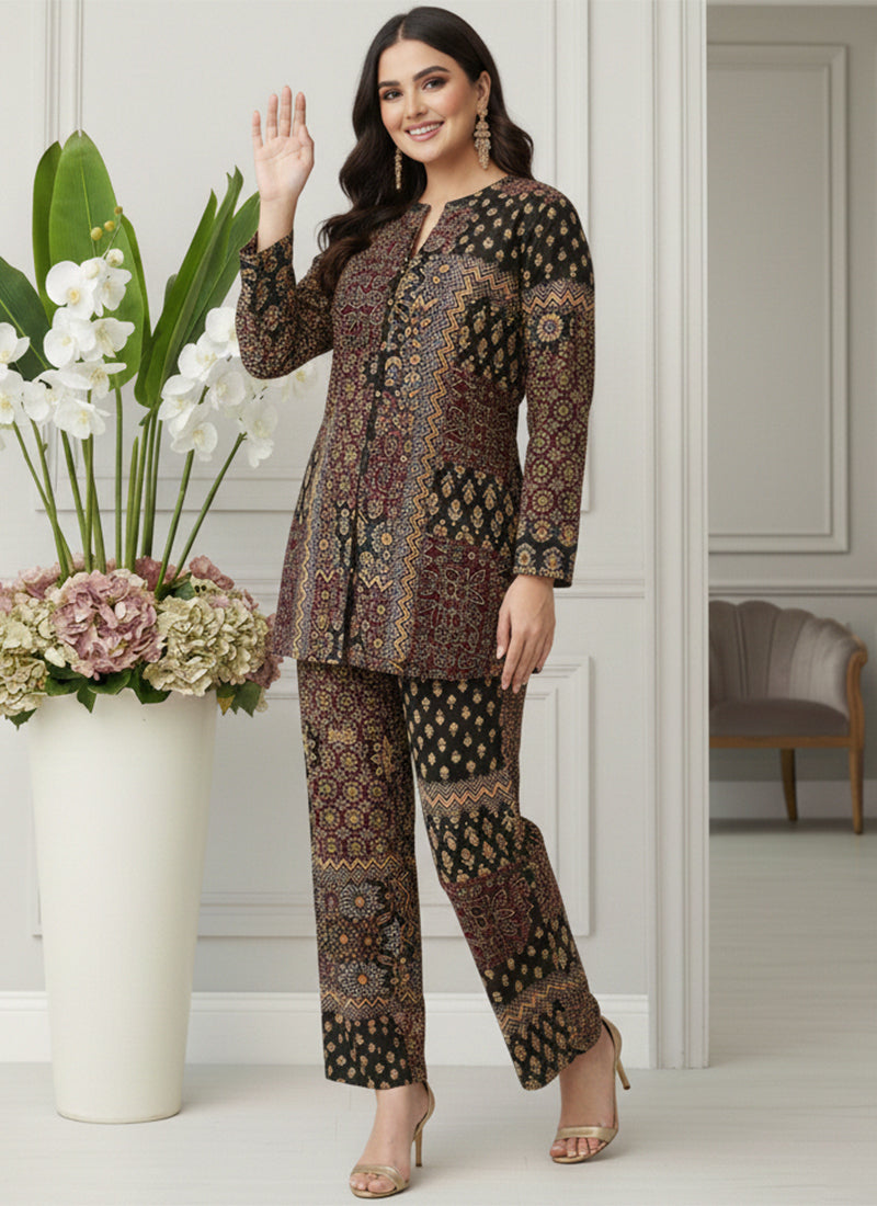 Black Soft Rayon Cotton Printed Cord Set