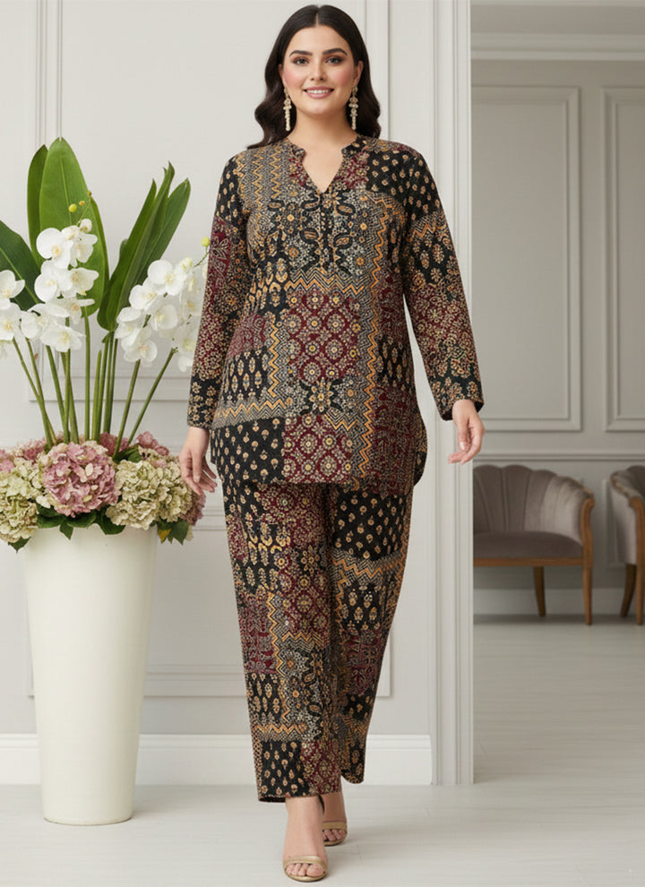 Black Soft Rayon Cotton Printed Cord Set