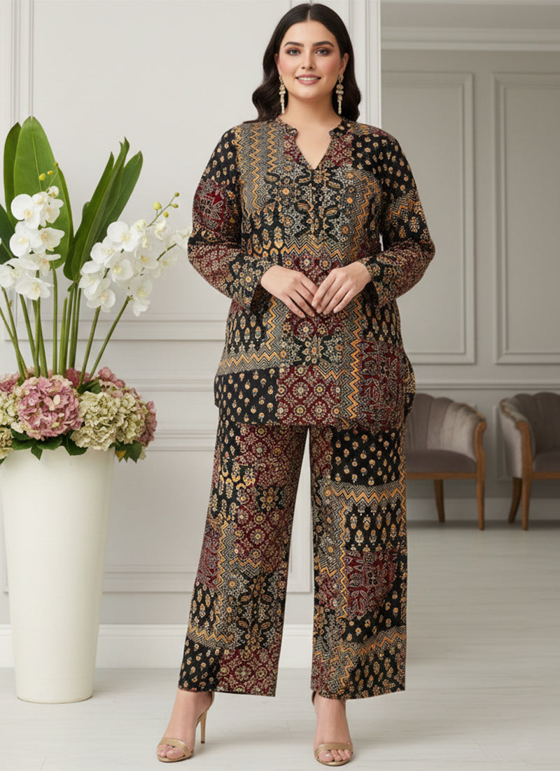 Black Soft Rayon Cotton Printed Cord Set