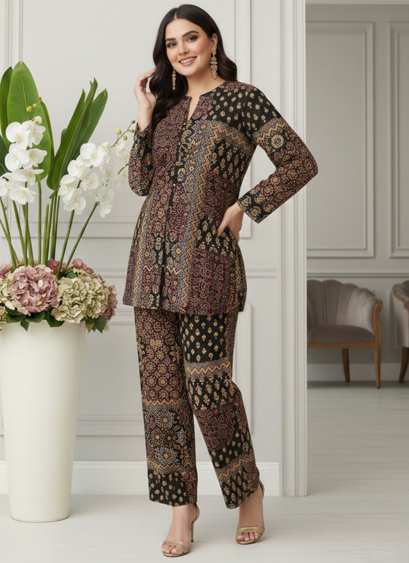 Black Soft Rayon Cotton Printed Cord Set