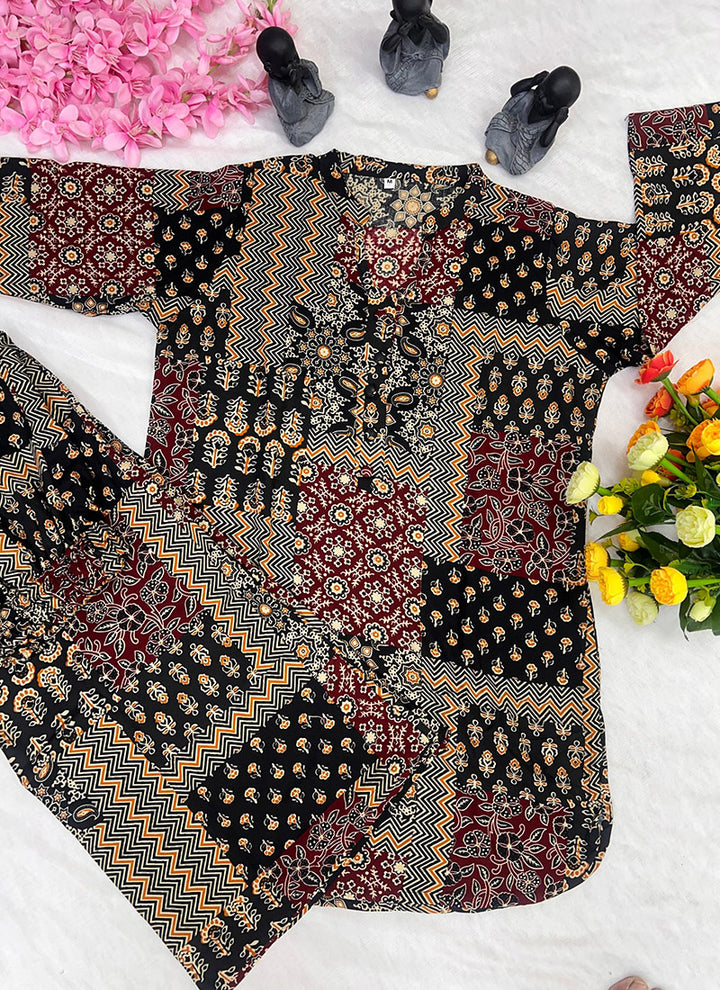 Black Soft Rayon Cotton Printed Cord Set