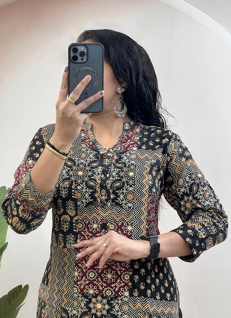 Black Soft Rayon Cotton Printed Cord Set