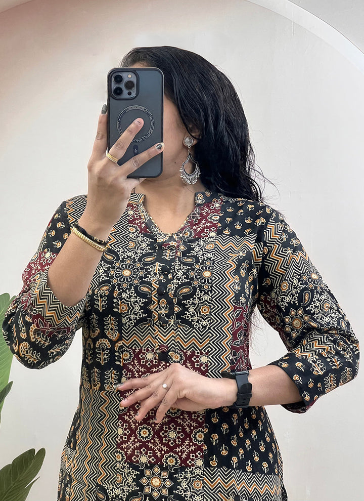 Black Soft Rayon Cotton Printed Cord Set