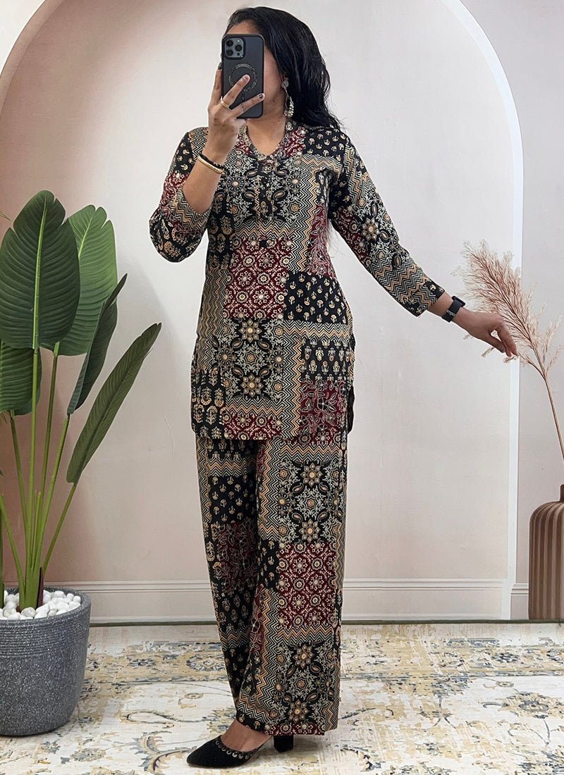 Black Soft Rayon Cotton Printed Cord Set